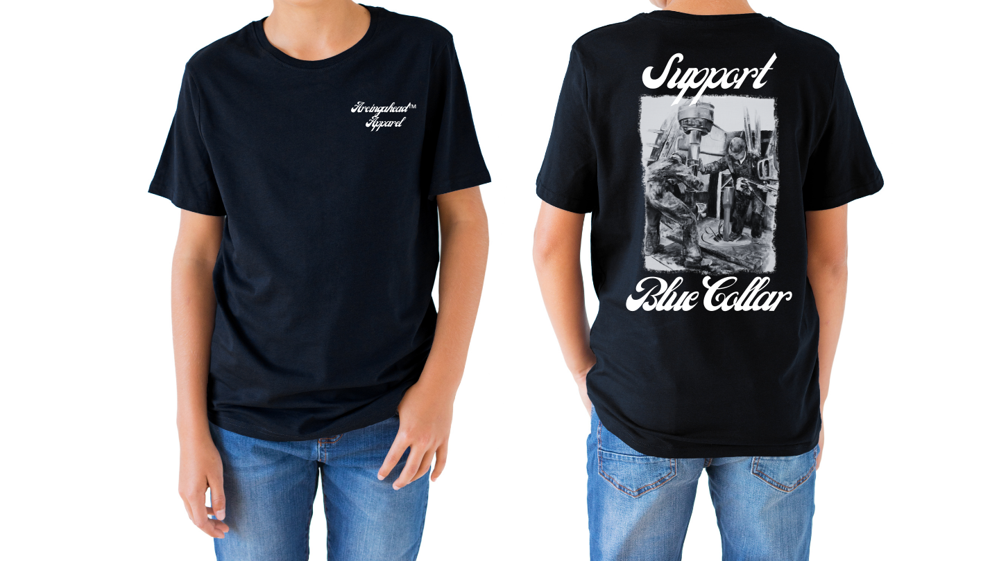 Kid's unisex onshore oil rig (man) T-shirt (cursive)