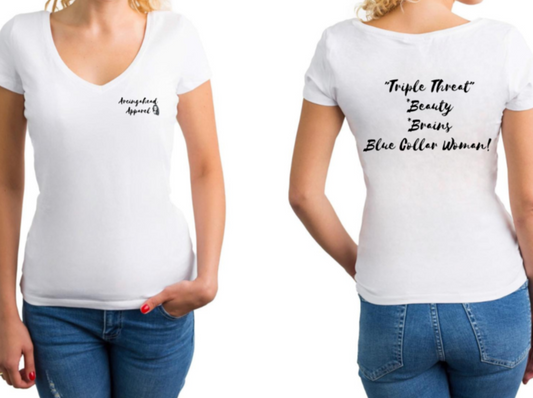 Beauty-Brains-Blue Collar Woman"s White V-Neck T-Shirt